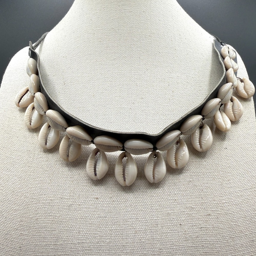 Cowrie Shell Choker Necklace Black Leather Boho Beach Coastal Statement Jewelry
